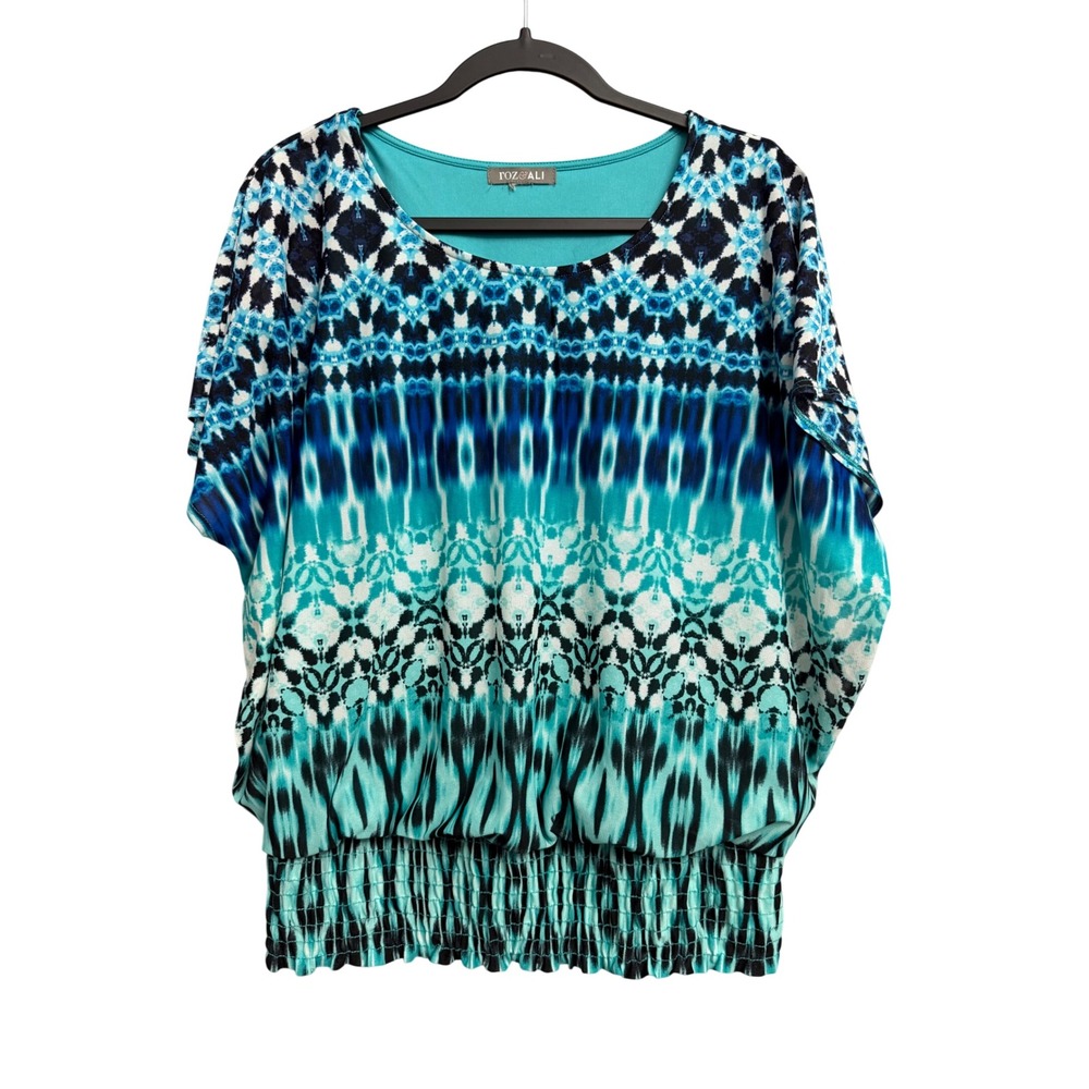 Roz & Ali Women L Blue Teal Ikat Geometric Smocked Hem Dolman Blouse Boho Artsy